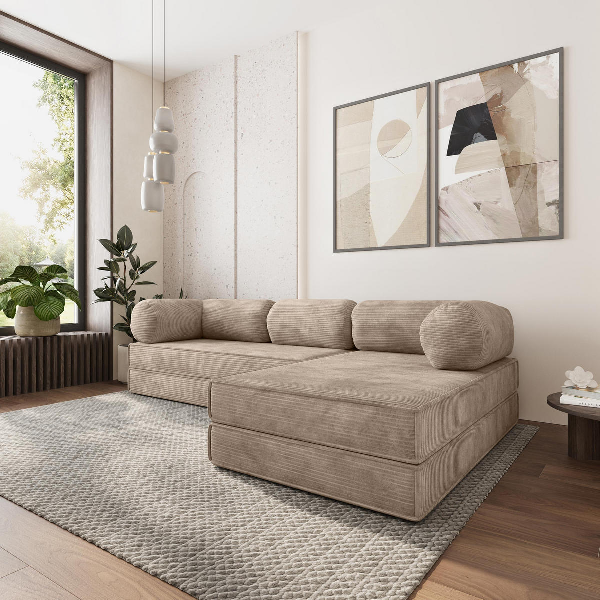 ROHOVÁ SEDAČKA ETERA modulární Boneless pohovka s funkcí spaní, béžová POSO 02 - béžová, textil (270/160cm) - MASSENO