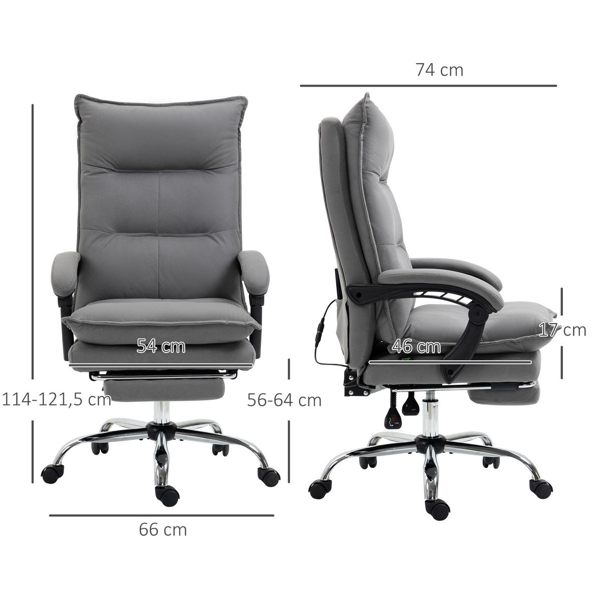 MASSAGE-BÜROSTUHL, Mikrofaser, Grau - Grau, Kunststoff (74/121.5/66cm) - Vinsetto
