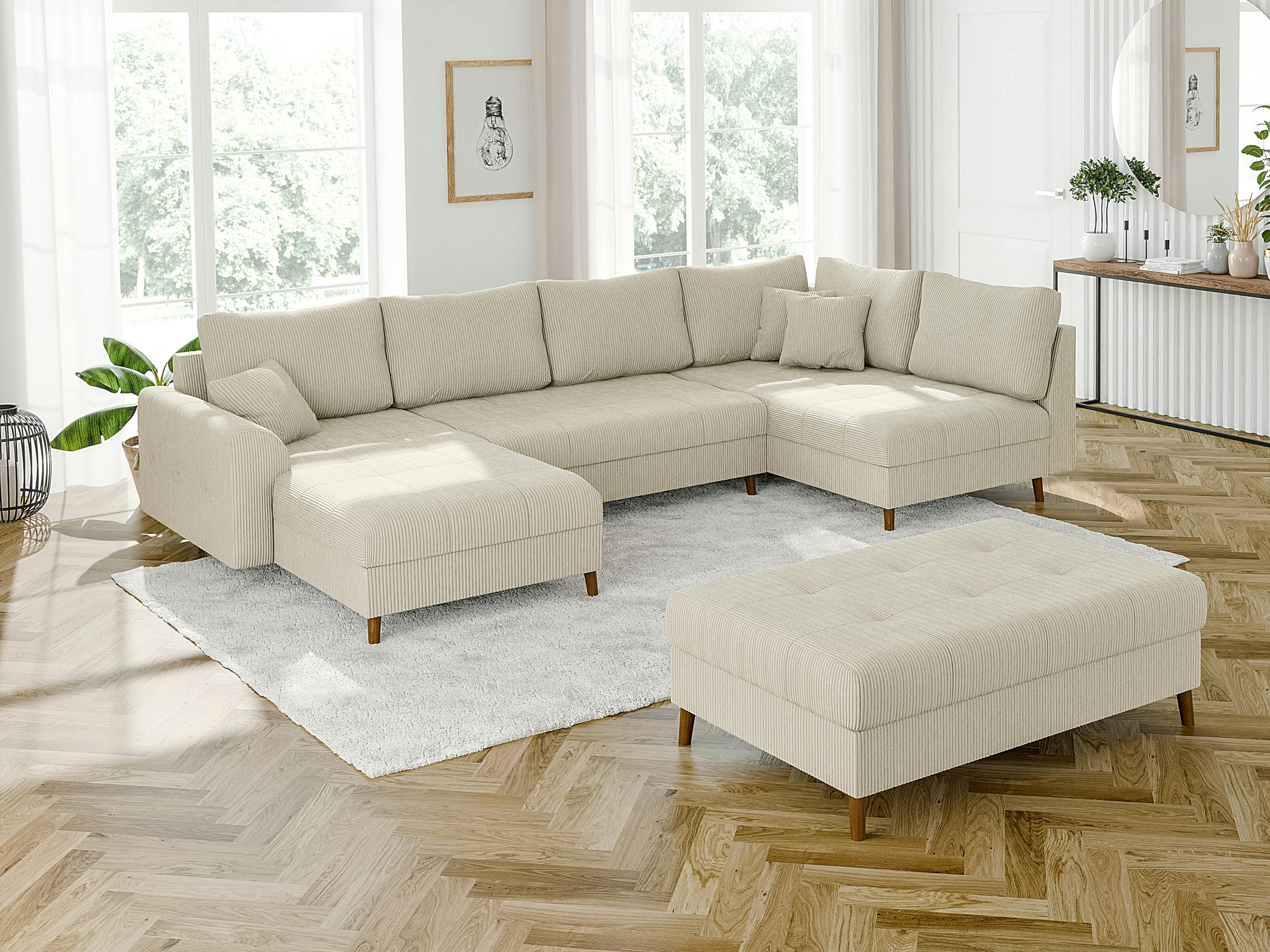 WOHNLANDSCHAFT inkl. Hocker Alma Beige Cord - Beige/Braun, Holz/Textil (310/81/161cm) - S-Style Möbel