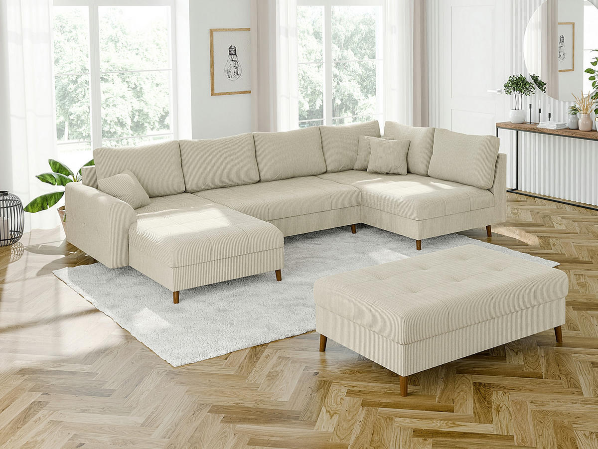 WOHNLANDSCHAFT inkl. Hocker Alma Beige Cord - Beige/Braun, Holz/Textil (310/81/161cm) - S-Style Möbel