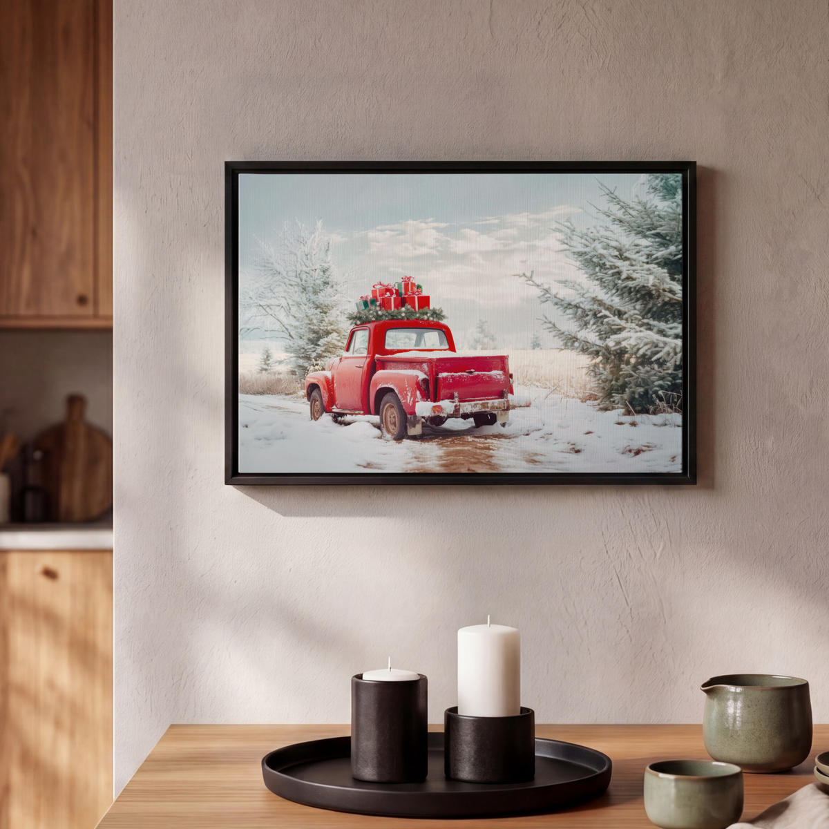 LEINWAND Bilder mit Rahmen - Auto - Rot - Geschenke - Winter - Schnee - Weihnachten - 30x20 - Rot, Textil (30/20cm) - MuchoWow