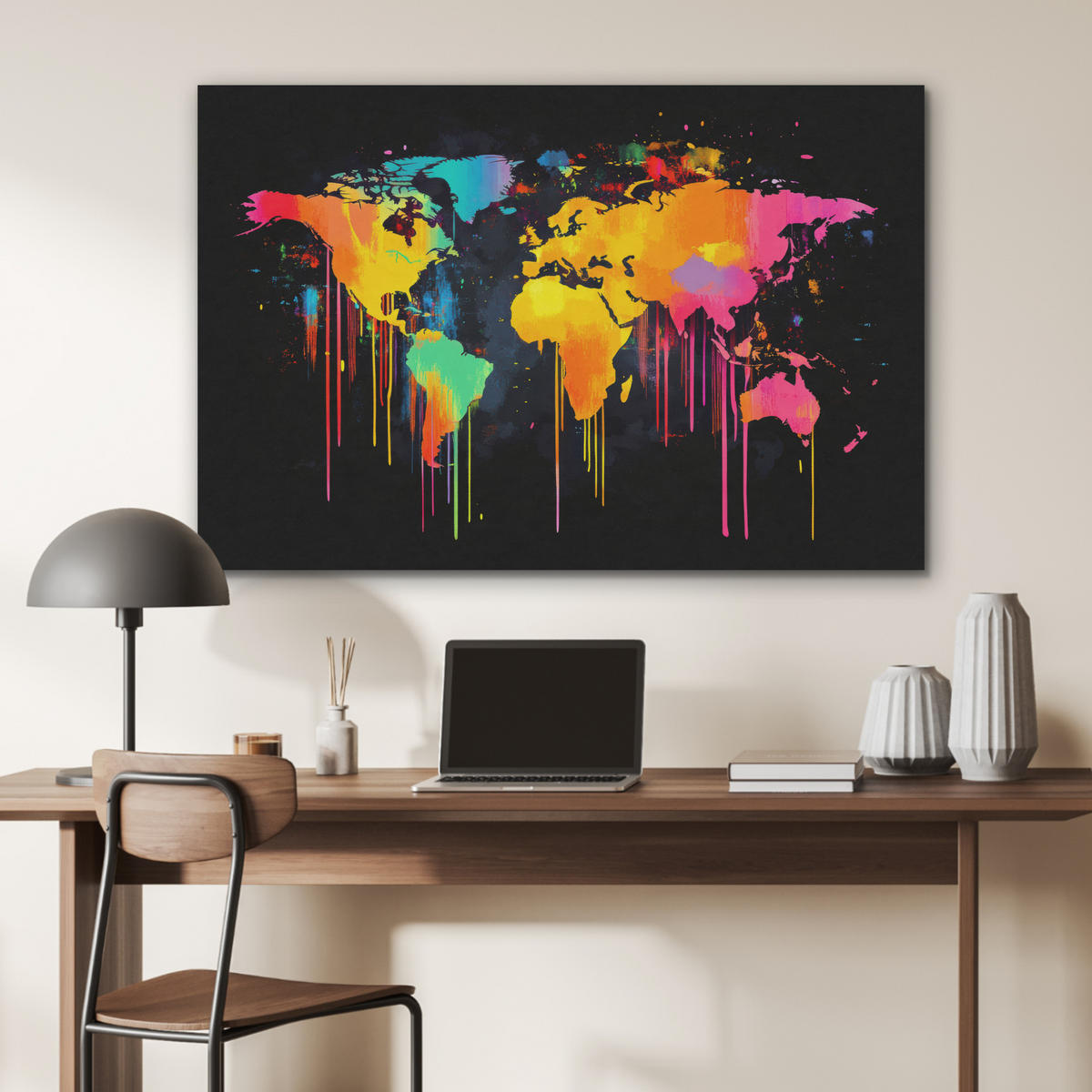 AKUSTIKBILD Weltkarte - Farbe - Bunt - Graffiti - Welt Akustikpaneele 90x60 cm - Multicolor, Kunststoff (90/60/0.9cm) - MuchoWow