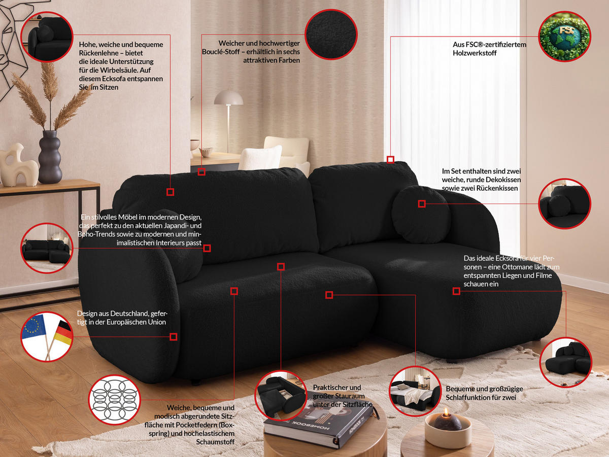 ECKSOFA Candy mit Schlaffunktion Schwarz Bouclé-Stoff - Ottomane rechts - Schwarz, Holz/Kunststoff (146/230cm) - S-Style Möbel