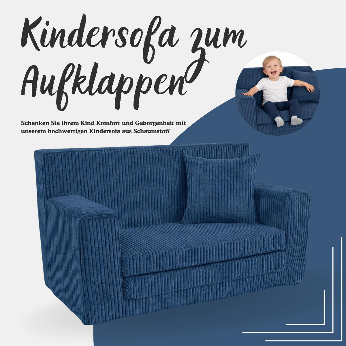 KINDERSOFA aus kuscheligem Cord in Navyblau - Dunkelblau, Textil (83/47/43cm) - Fortisline
