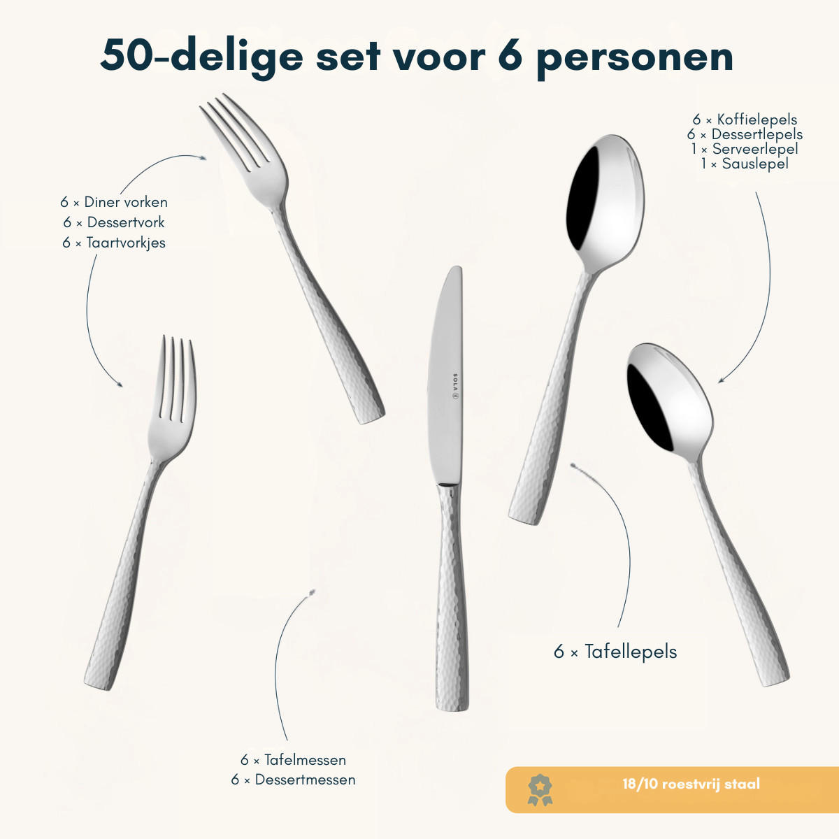 BESTECKSET Aura - 18/10 Edelstahl - 50-teilig / 6 Personen - Silberfarben, Metall - Sola