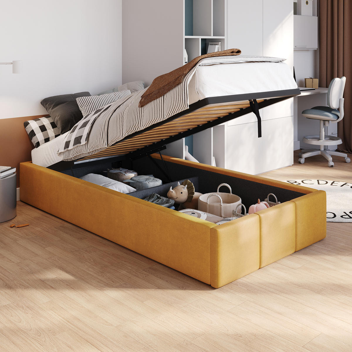 POLSTERBETT für Schlafzimmer Bett mit Stauraum Gelb 90x200cm - Gelb, Holzwerkstoff/Textil (90/200cm) - Muralo