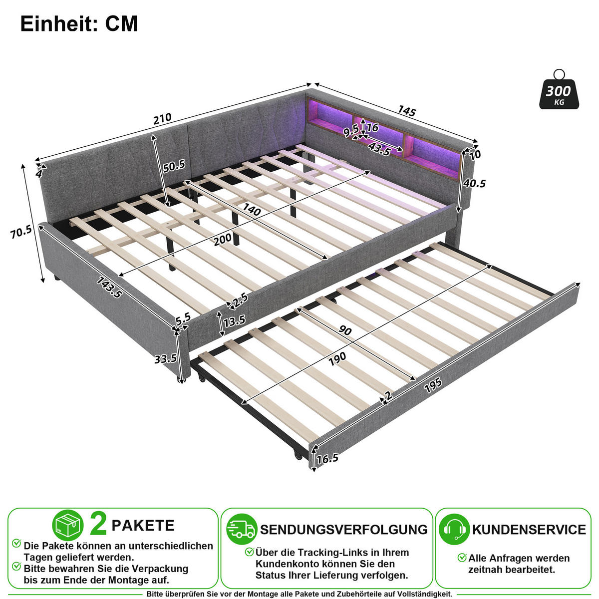 BETT 140/200 cm in Grau Leinen mit Ausziehbett, LED und USB - Grau, Holzwerkstoff/Textil (140/200cm) - CHICFURN