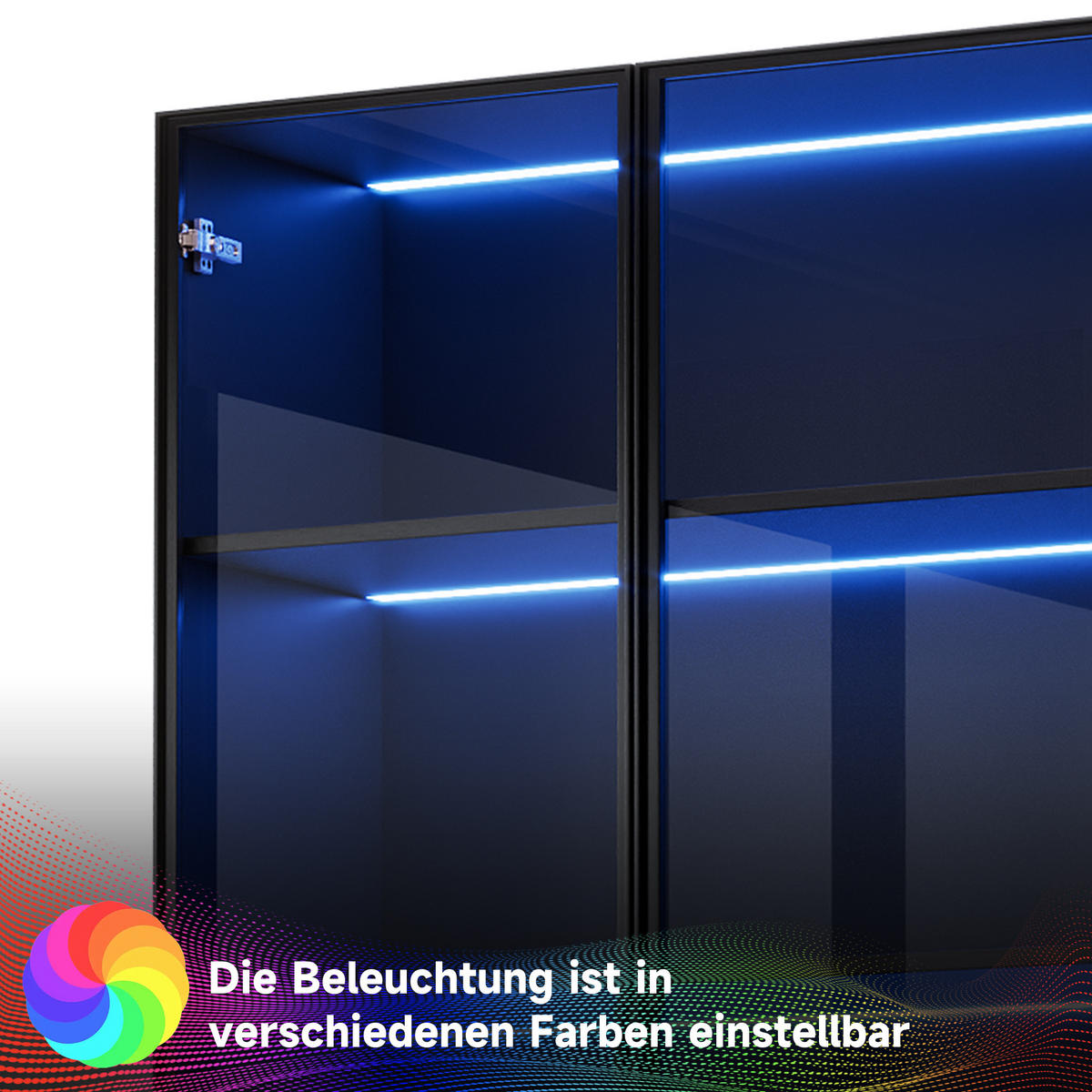 VITRINE 60cm Glas LED Aluminium 2 Türen Schubladen modern - Schwarz, Holzwerkstoff (60/160/40cm) - FLIEKS