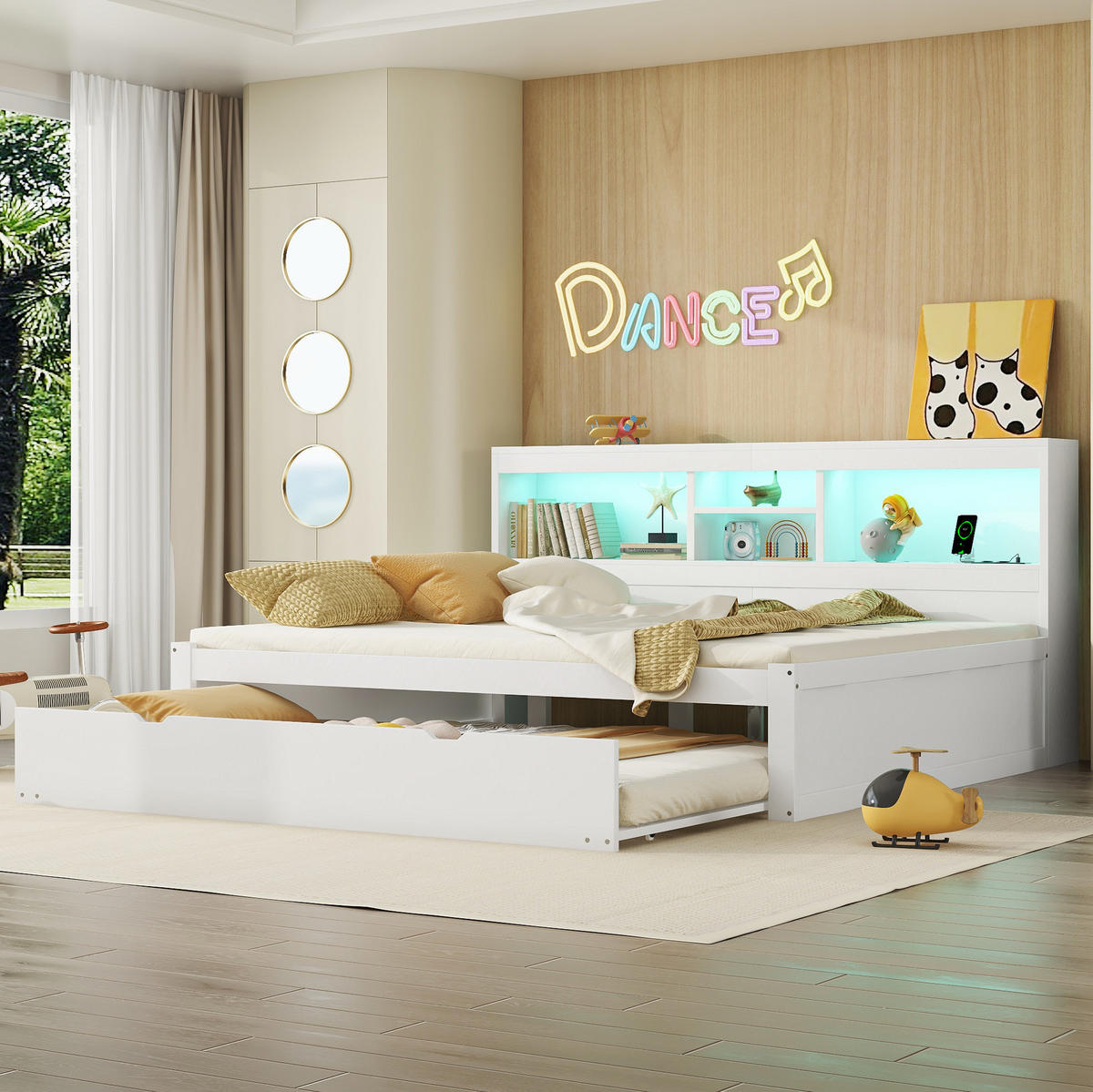 MULTIFUNKTIONSBETT 140/200 cm Weiß mit Ambiente-Beleuchtung und Stauraum - Weiß, Holzwerkstoff (140/200cm) - OKWISH