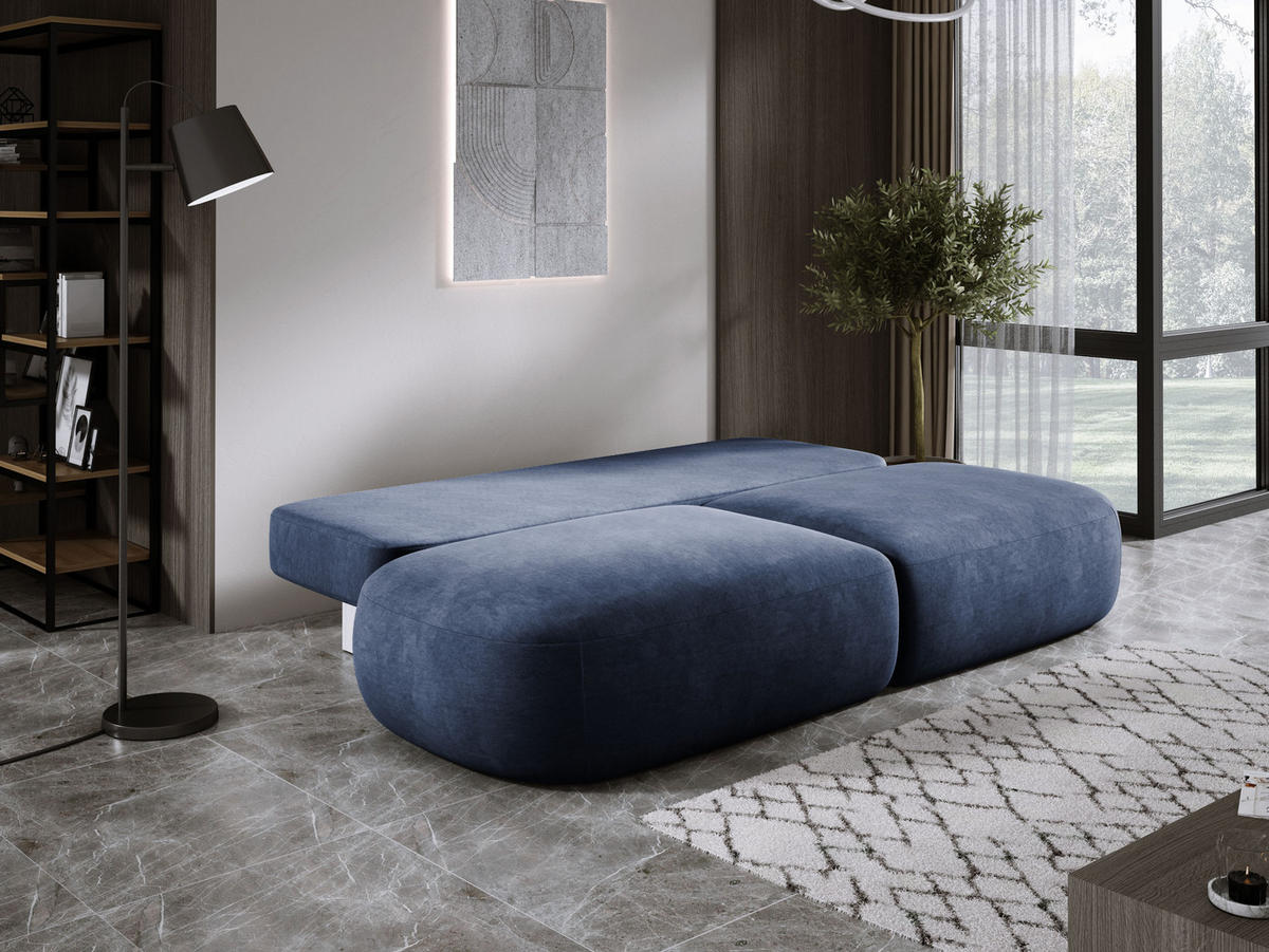 SCHLAFSOFA Moderne BABU mit Schlaffunktion – 3-Sitzer Sofa mit Bettkasten, DL-Automat, 2 Rückenkissen, 2 Zierkissen, 240x90x90 cm, Blau - Blau, Holz/Textil (240/90/90cm) - DomoHome