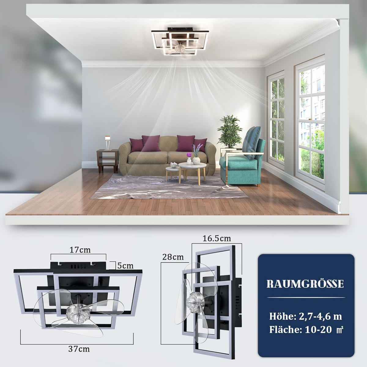 LED stropní ventilátor 37/37/16,5 cm - černá, kov (37/37/16.5cm) - Nettlife