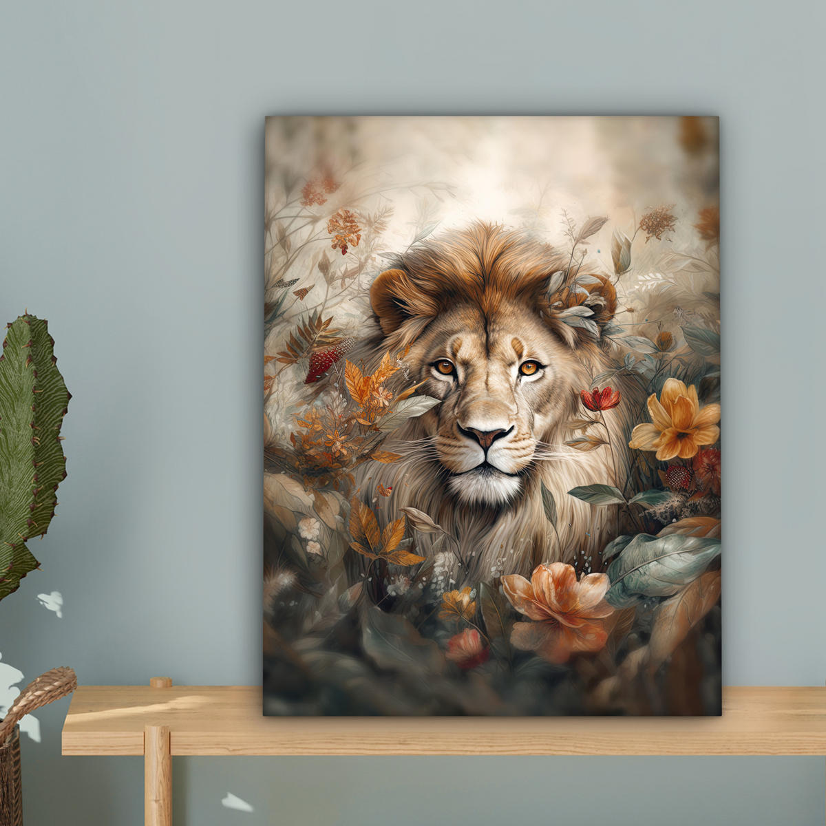 LEINWANDBILD Löwe - Wildtiere - Pflanzen - Natur - Blumen 30x40 cm - Beige, Textil (30/40cm) - MuchoWow