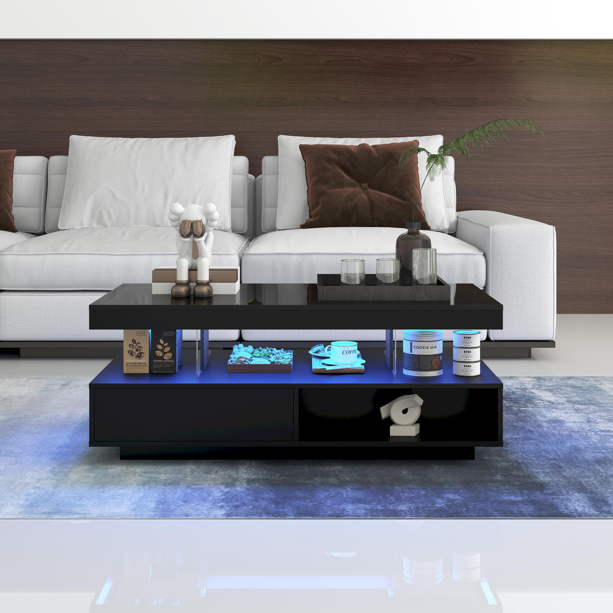 COUCHTISCH in Schwarz Hochglanz Couchtisch mit 2 Schubladen, offenen Fächern für Wohnzimmer, B95/T50/H42.5cm - Schwarz, Holzwerkstoff (50/95/42.5cm) - STILVORA