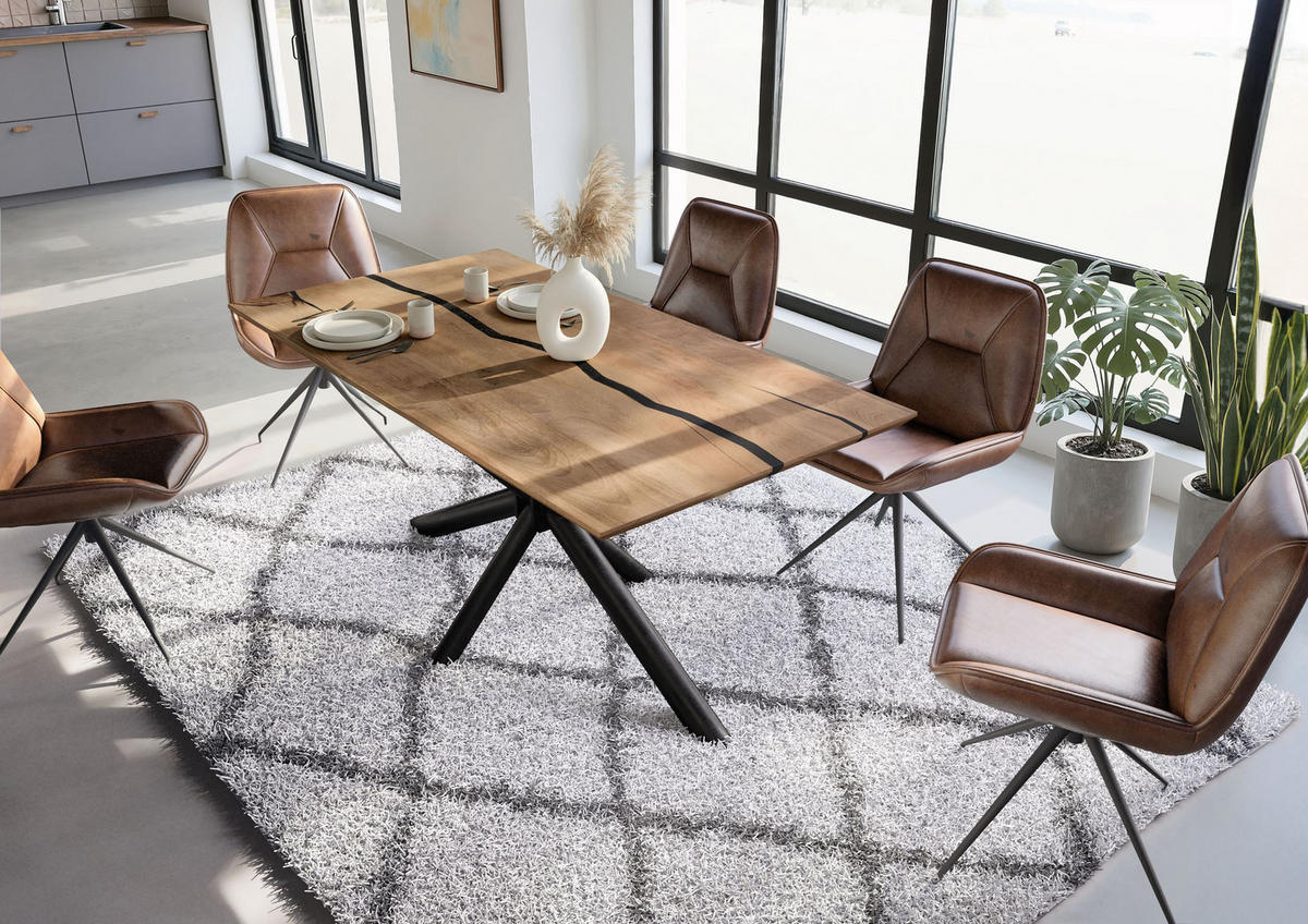 ESSTISCH Mango 180x90x74 natur lackiert / Epoxid schwarz, Kreuzgestell rund anthrazit matt EPOXY - Braun, Holz (90/180/74cm) - Massivmoebel24