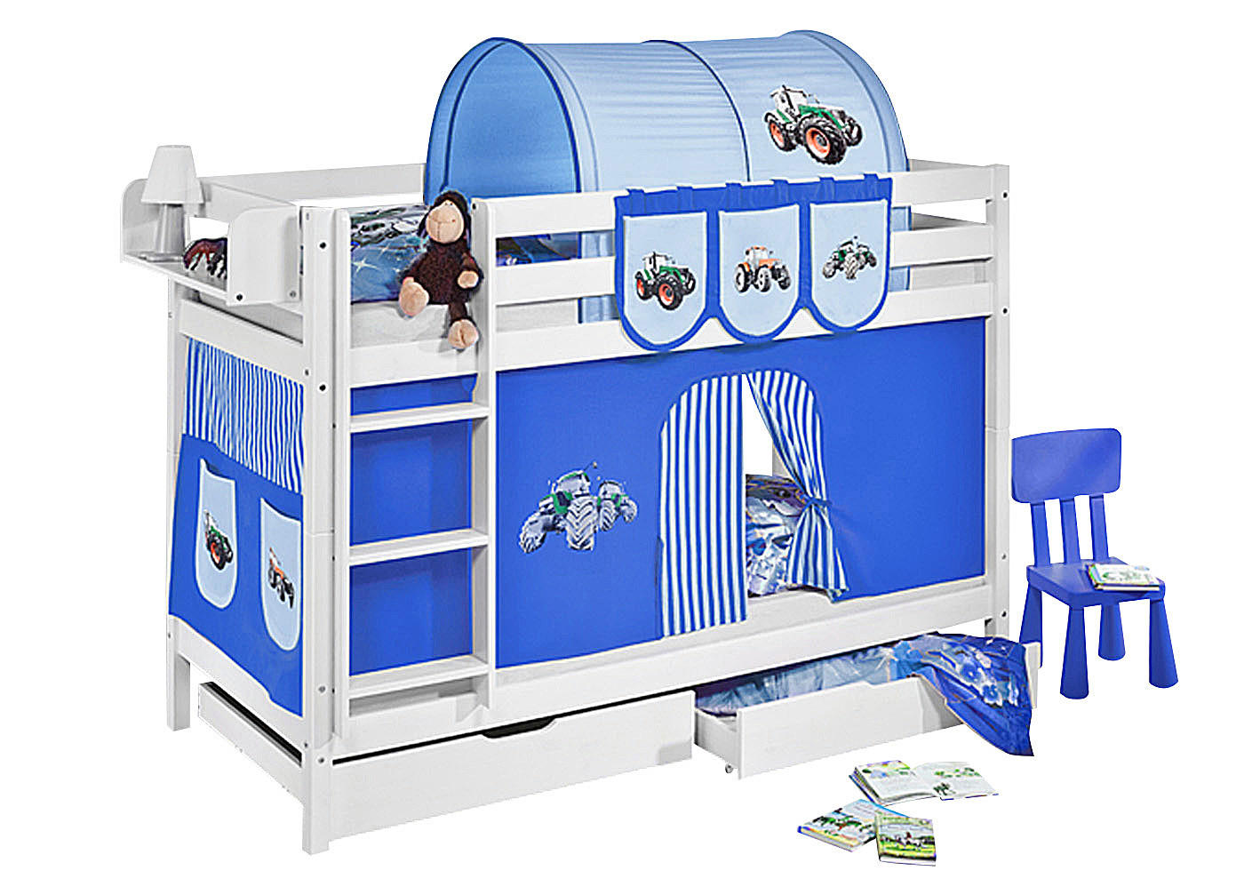 ETAGENBETT JELLE 90x190 cm Trecker blau - Hochbett - inkl. Vorhang und 2 Lattenrosten - Weiß, Holz - Lilokids