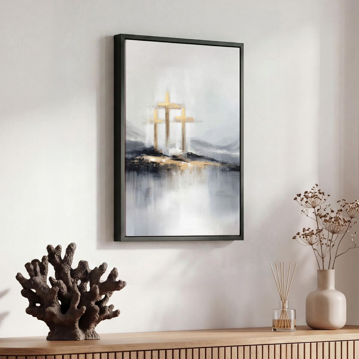 LEINWAND Bilder mit Rahmen - Abstrakt - Malerei - Christentum - Kreuz - 30x40 - Weiß, Textil (30/40cm) - MuchoWow