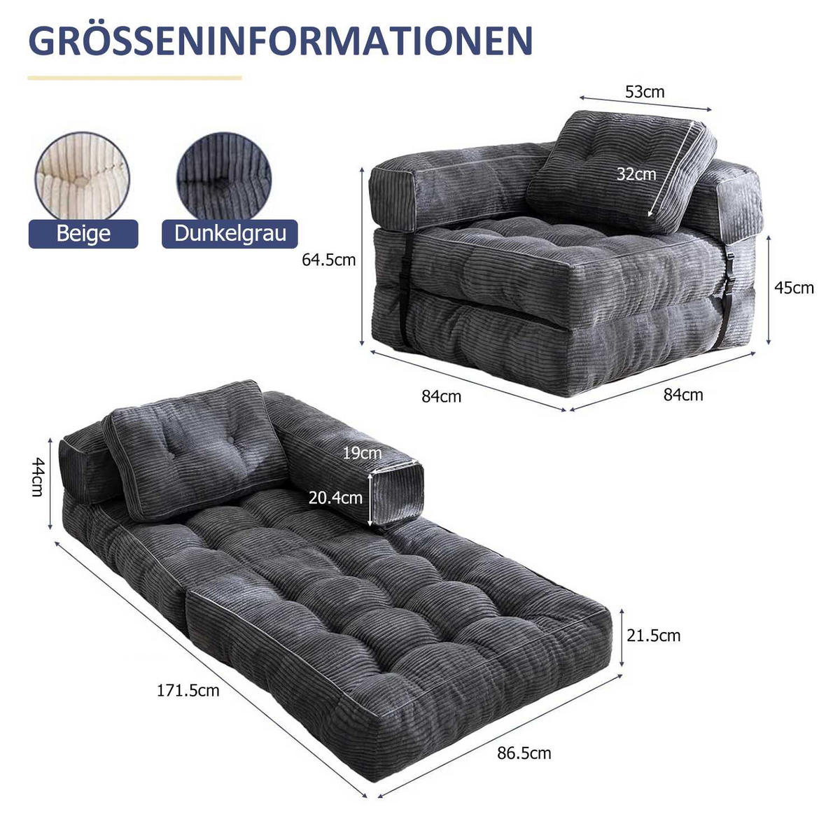 SOFA 1 Sitzer faltbar mit Armlehnen, 170x85 cm, für Wohnzimmer & Schlafzimmer,Grau - Grau, Textil (86/21/170cm)