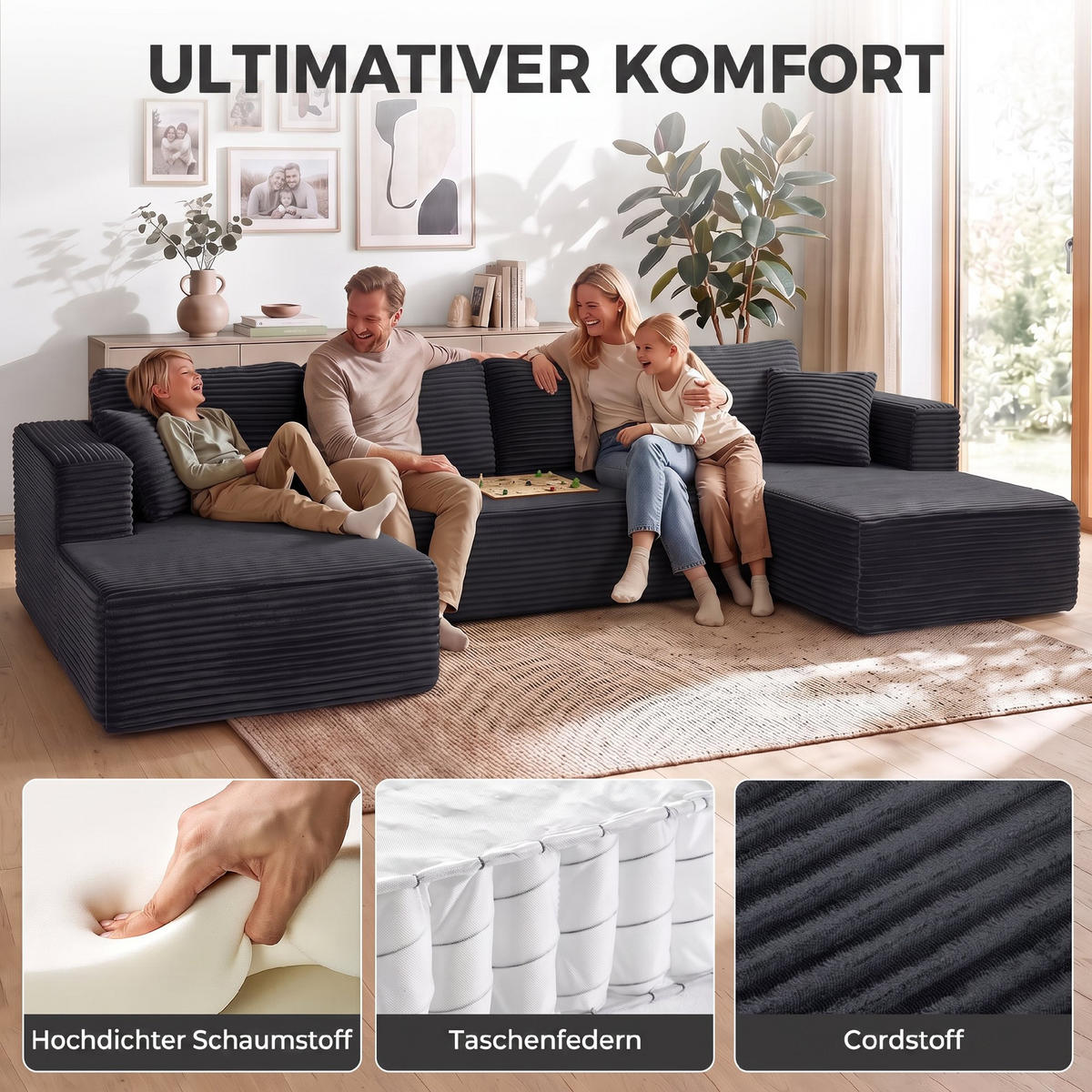 ROHOVÁ 3dílná sada pohovky, polyester, šedá - tmavě šedá, textil (152/369cm) - HOMCOM