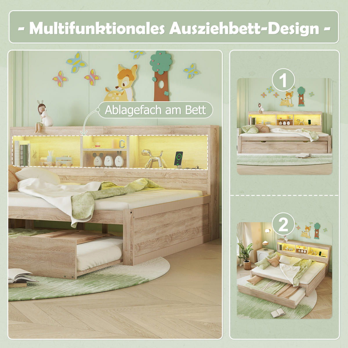 MULTIFUNKTIONSBETT 140/200 cm Natur mit Ambientebeleuchtung und USB-Anschlüssen - Naturfarben, Holzwerkstoff (140/200cm) - OKWISH