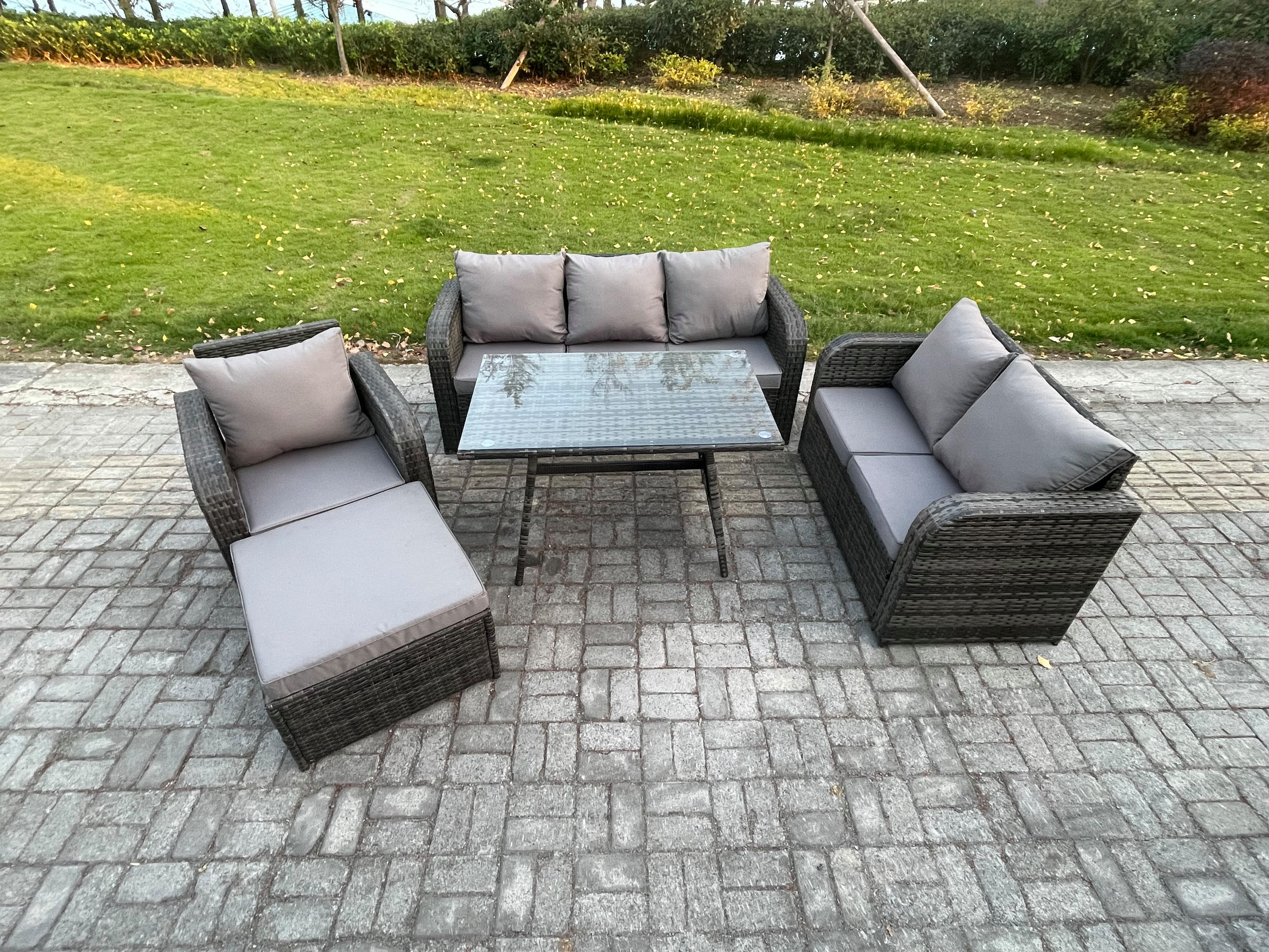 GARTENMÖBEL SET Polyrattan Dunkelgrau 7-Sitzer - Dunkelgrau/Grau, Glas/Kunststoff - Fimous