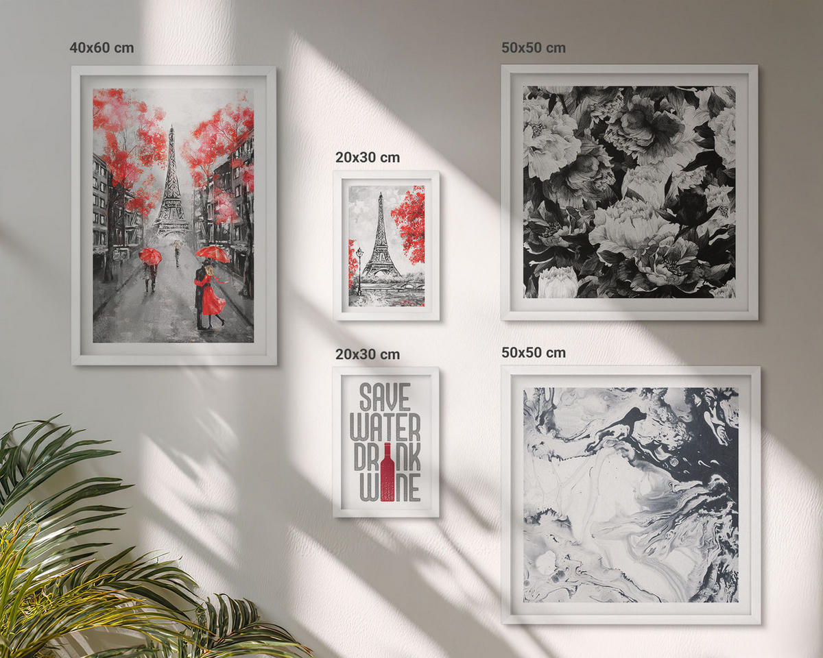 WANDBILDER 5er-Set - 50x50 cm & 20x30 cm & 40x60 cm Weißer Rahmen - graue Gemälde des Eiffelturms - Weiß, Kunststoff (40/60cm) - ArtPrintCave