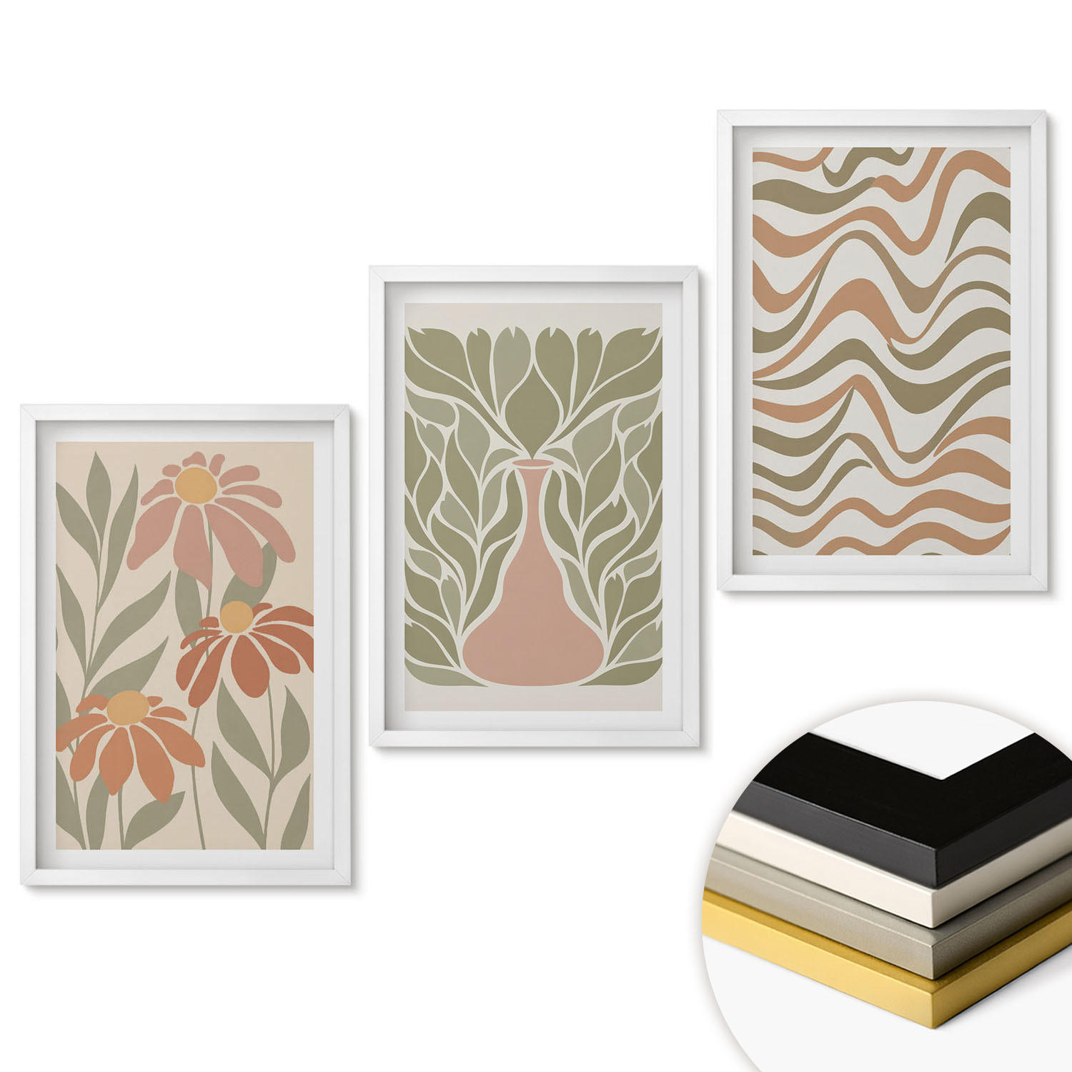 WANDBILDER 3er-Set - 40x60 cm Weißer Rahmen - Abstrakte Pastellblumen - Weiß, Kunststoff (40/60cm) - ArtPrintCave