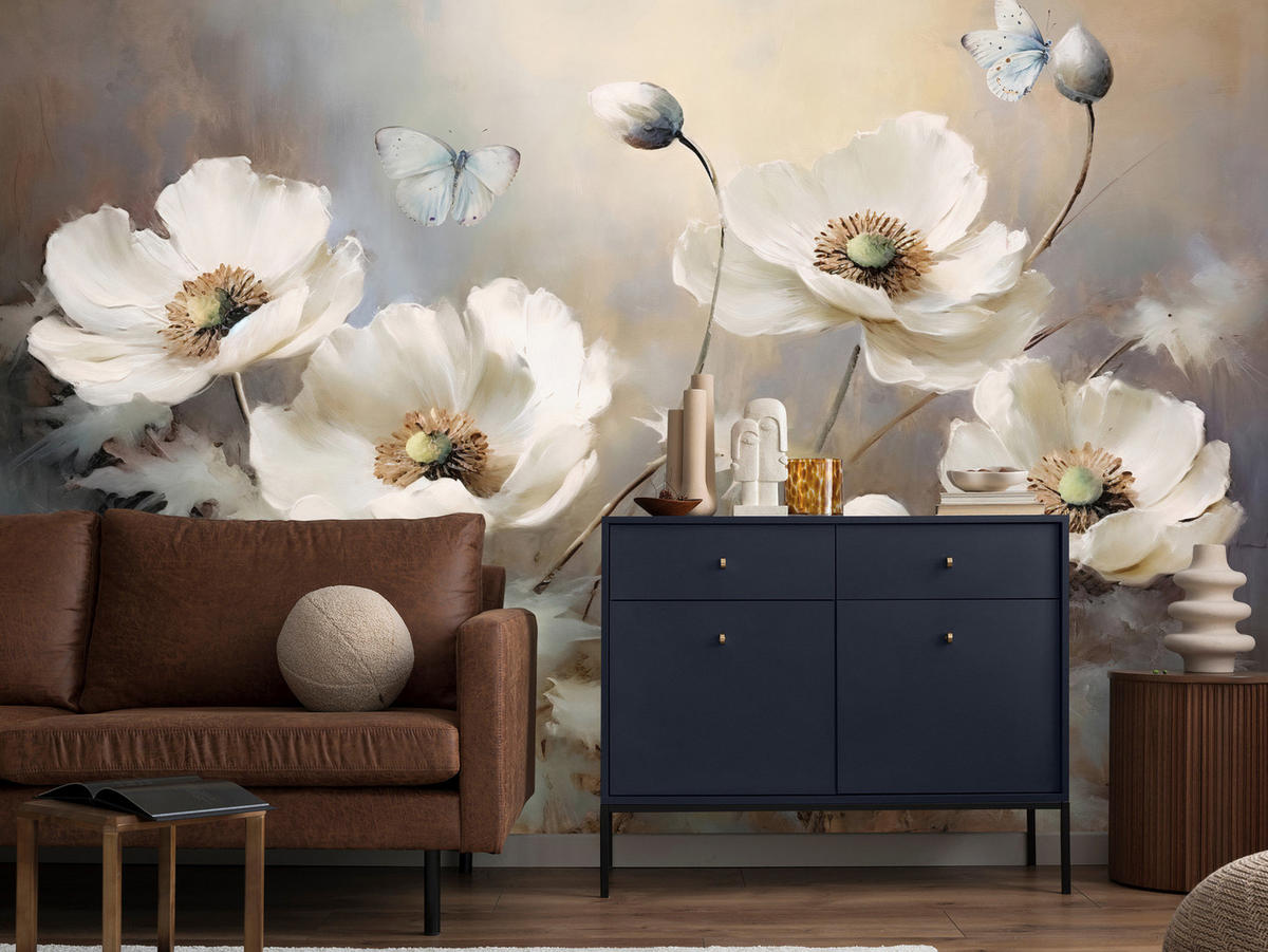 FOTOTAPETE für Schlafzimmer Abstrakte Weiße Mohnblumen Schmetterlinge Aquarell 300x210 - Beige/Braun, Papier (300/210cm) - Muralo