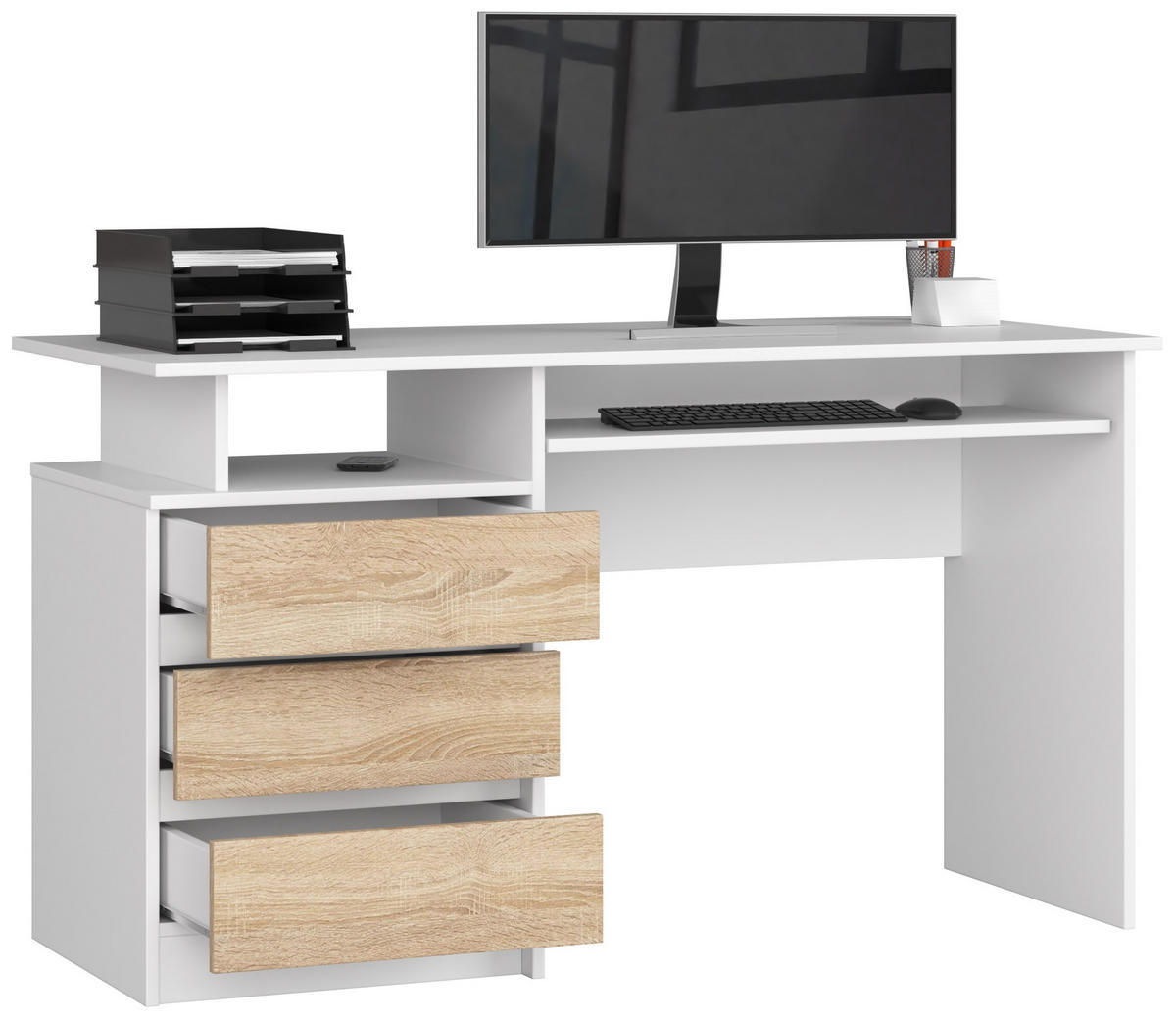 SCHREIBTISCH Weiß, Sonoma Eiche 135x60x77 cm - Weiß/Sonoma Eiche, Holzwerkstoff (60/135/77cm) - Akord