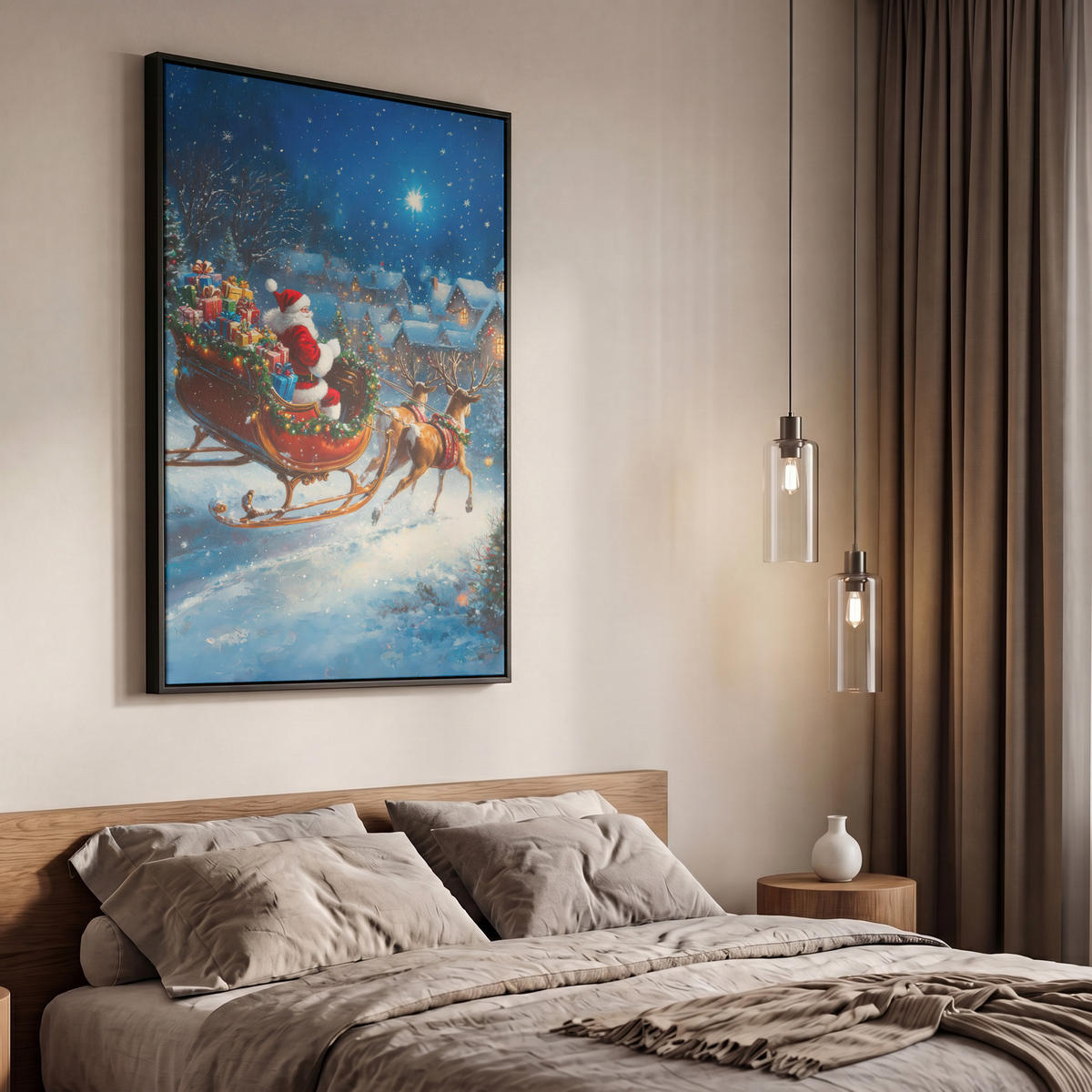 LEINWAND Bilder mit Rahmen - Weihnachtsmann - Rentier - Weihnachten - Schnee - 60x90 - Cognac, Textil (60/90cm) - MuchoWow