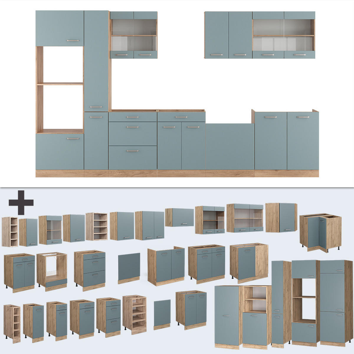KÜCHENZEILE R-Line Blau-Grau/Goldkraft Eiche 350 cm mit Hochschrank AP Anthrazit - Eiche Wotan/Blaugrau, Holzwerkstoff (350/81.6/60cm) - Vicco