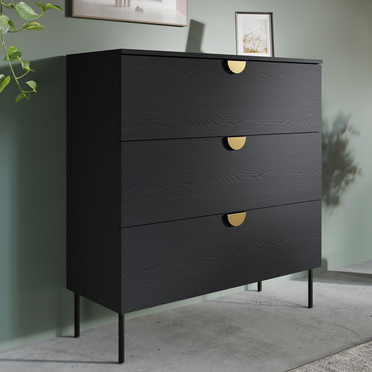 SCHUBKASTENKOMMODE VIDIS, Halbrundgriffe - Schwarz, Holzwerkstoff (100/107/40cm) - KONSIMO®