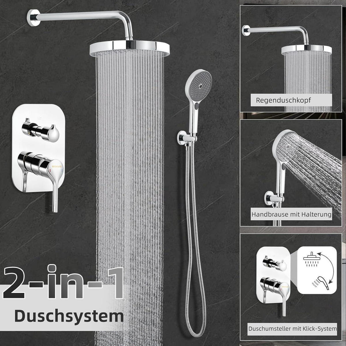 DUSCHARMATUR Set Unterputz 25 cm Regendusche mit Handbrause Chrom - Silberfarben, Metall (38/18/48cm)