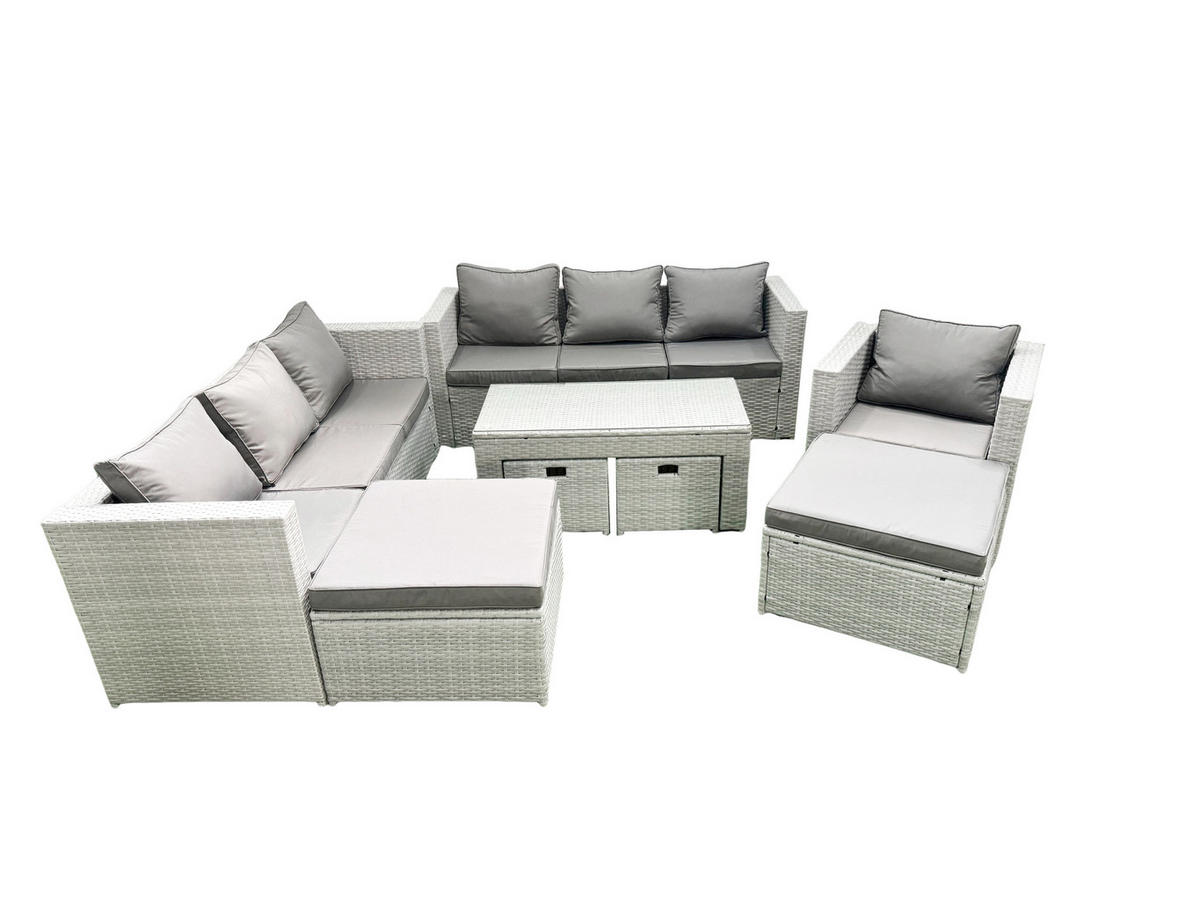 BALKONMÖBEL-SET Polyrattan Hellgrau-Mix 11-teilig - Hellgrau/Grau, Glas/Kunststoff - Fimous