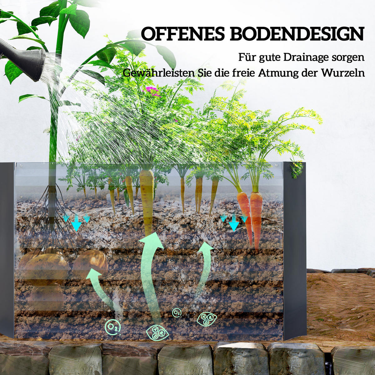 HOCHBEET Metall 180 x 90 x 57,5 cm Tief Gartenbeet mit Offenem Boden Stützstange - Dunkelgrau, Metall (90/57.5/180cm) - Outsunny