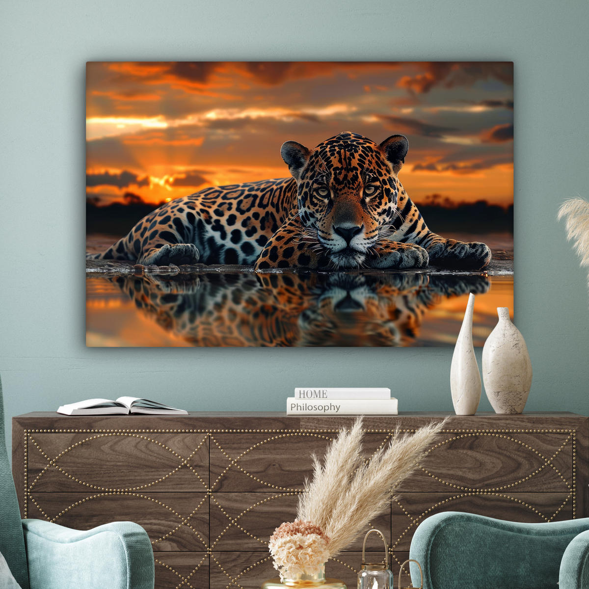 LEINWANDBILD Natur - Leopard - Tier - Sonnenuntergang - Modern Groß 140x90 cm - Orange, Textil (140/90cm) - MuchoWow