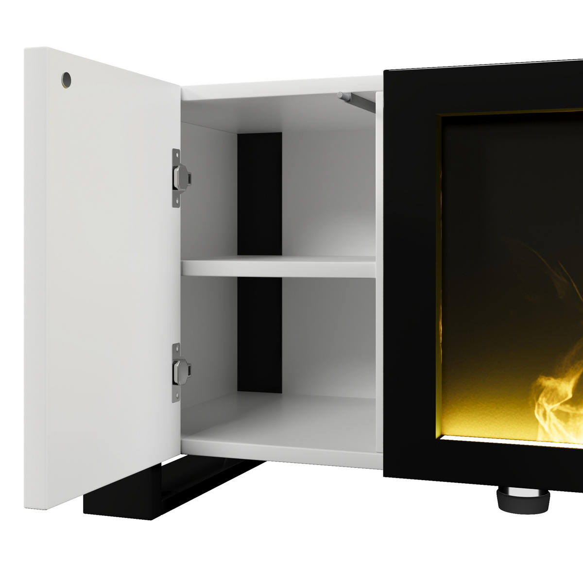 TV stolek 165/32/55 cm s elektrickým krbem, vysoký lesk a úložný prostor, Bílá/Černá - černá, kompozitní dřevo (165/55/32cm) - Redom