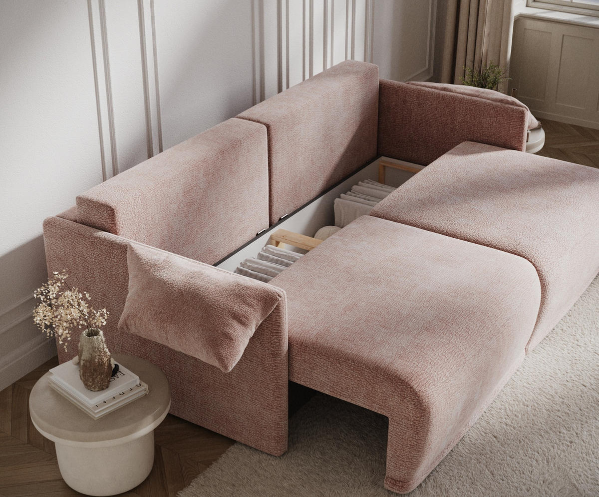 SCHLAFSOFA MIT ECKSOFA-FUNKTION Nappa Rosa Chenille - Schwarz/Rosa, Holz/Holzwerkstoff (215/100/112cm) - Maison de Reve