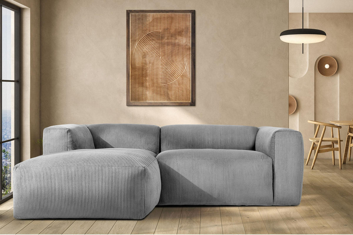 ECKMODULSOFA-LINKS BUFFO 3/4 Sitzer mit extrem weicher Sitzfläche, Kordstoff, hellgrau - Hellgrau, Textil (237/180cm) - KONSIMO®