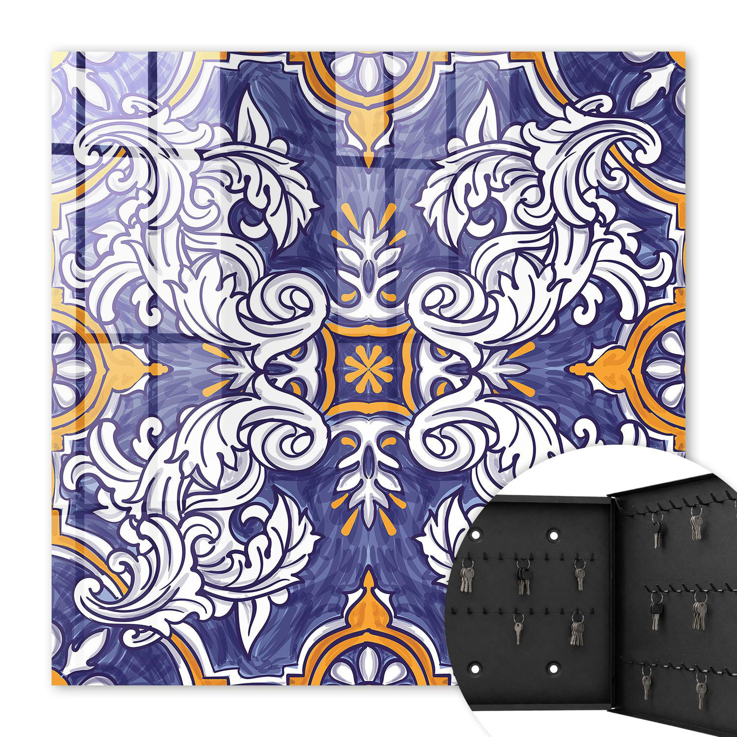 SCHLÜSSELBOX Schwarz 30x30 cm- Türöffnung nach rechts - Pflanzenornament - Blau, Metall (30/30/5cm) - TULUP