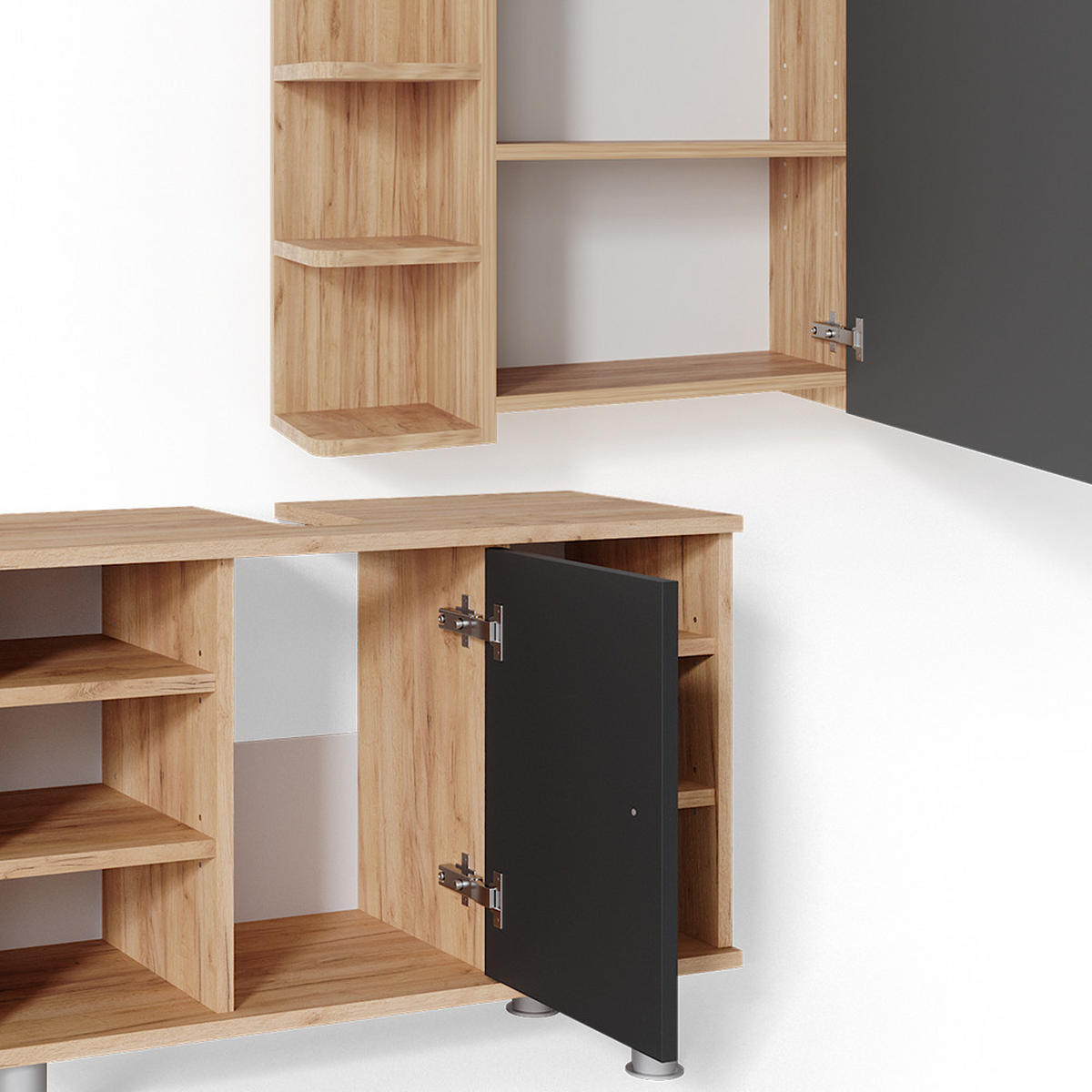 BADMÖBEL-SET Fynn Goldkraft Eiche 2 Teile, Unterschrank 80 cm - Anthrazit/Eiche Wotan, Holzwerkstoff (60/54/32cm) - Vicco