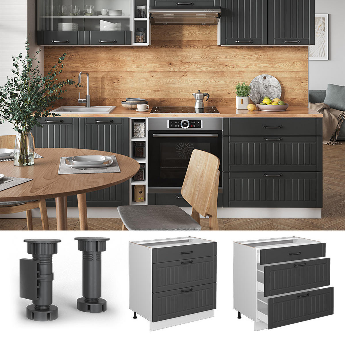 KÜCHENUNTERSCHRANK Fame-Line Anthrazit Landhaus 80 cm mit 3 Schubladen ohne AP - Anthrazit/Weiß, Holzwerkstoff (80/82/51.6cm) - Vicco