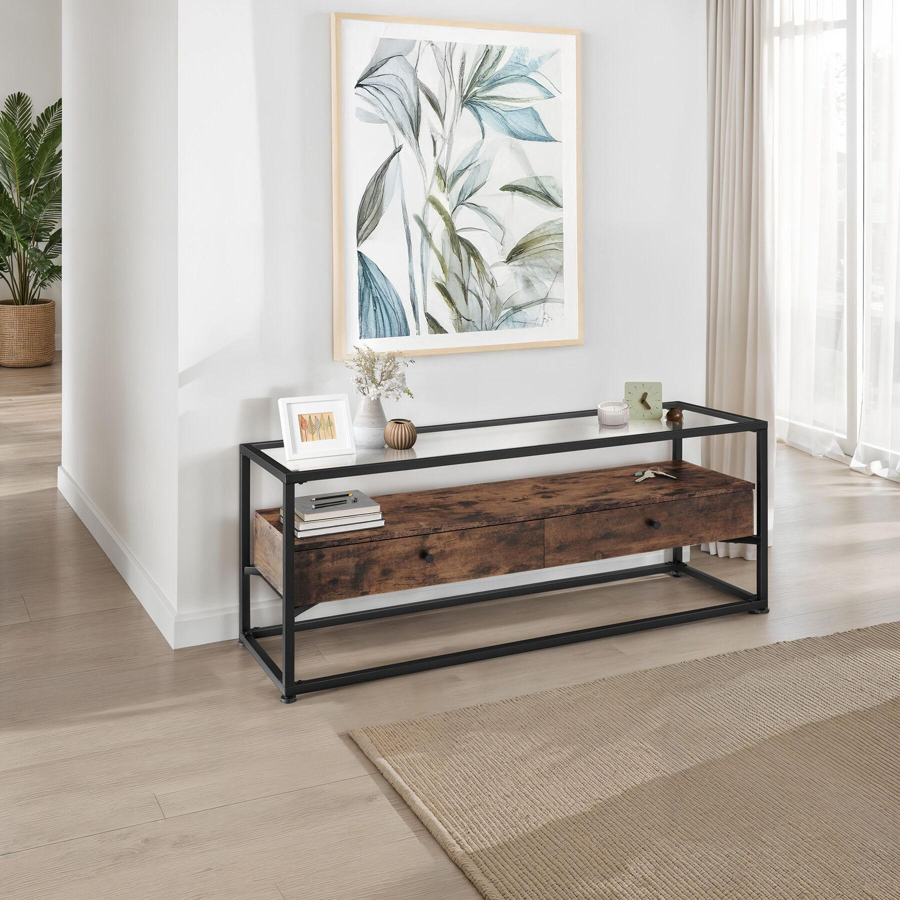 Thumbnail - tectake Lowboard, Rost, Holzwerkstoff, Beton Optik, Quadratisch, 41.5x50.5x121.5 cm, Wohnzimmer, Wohnwände, Lowboards, L...