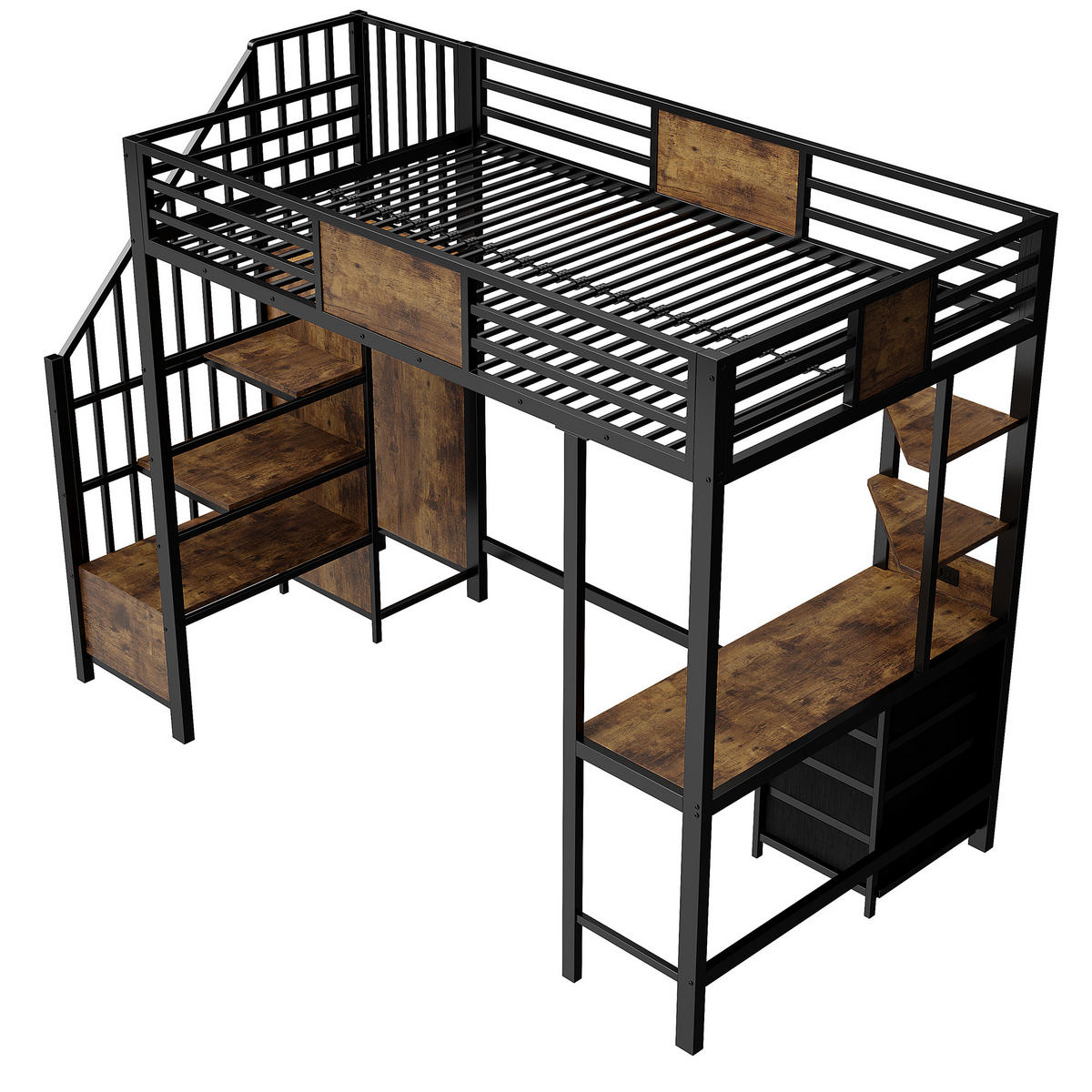 HOCHBETT 90/200 cm in Schwarz mit Schreibtisch, Ablagefächern, Kleiderstange, LED und Steckdose - Schwarz, Holz/Metall (90/200cm) - STILVORA