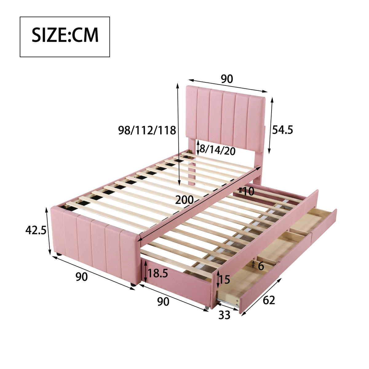 POLSTERBETT 90/200 cm rosa mit Rollbett und Stauraumschubladen - Pink, Textil (90/200cm) - OKWISH