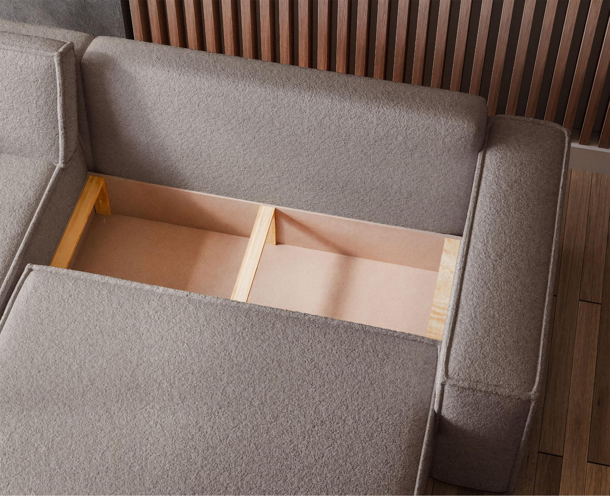 ECKSOFA Scarlo Hellbraun Bouclé-Bezug - Hellbraun/Schwarz, Kunststoff/Textil (244/145cm) - Selsey