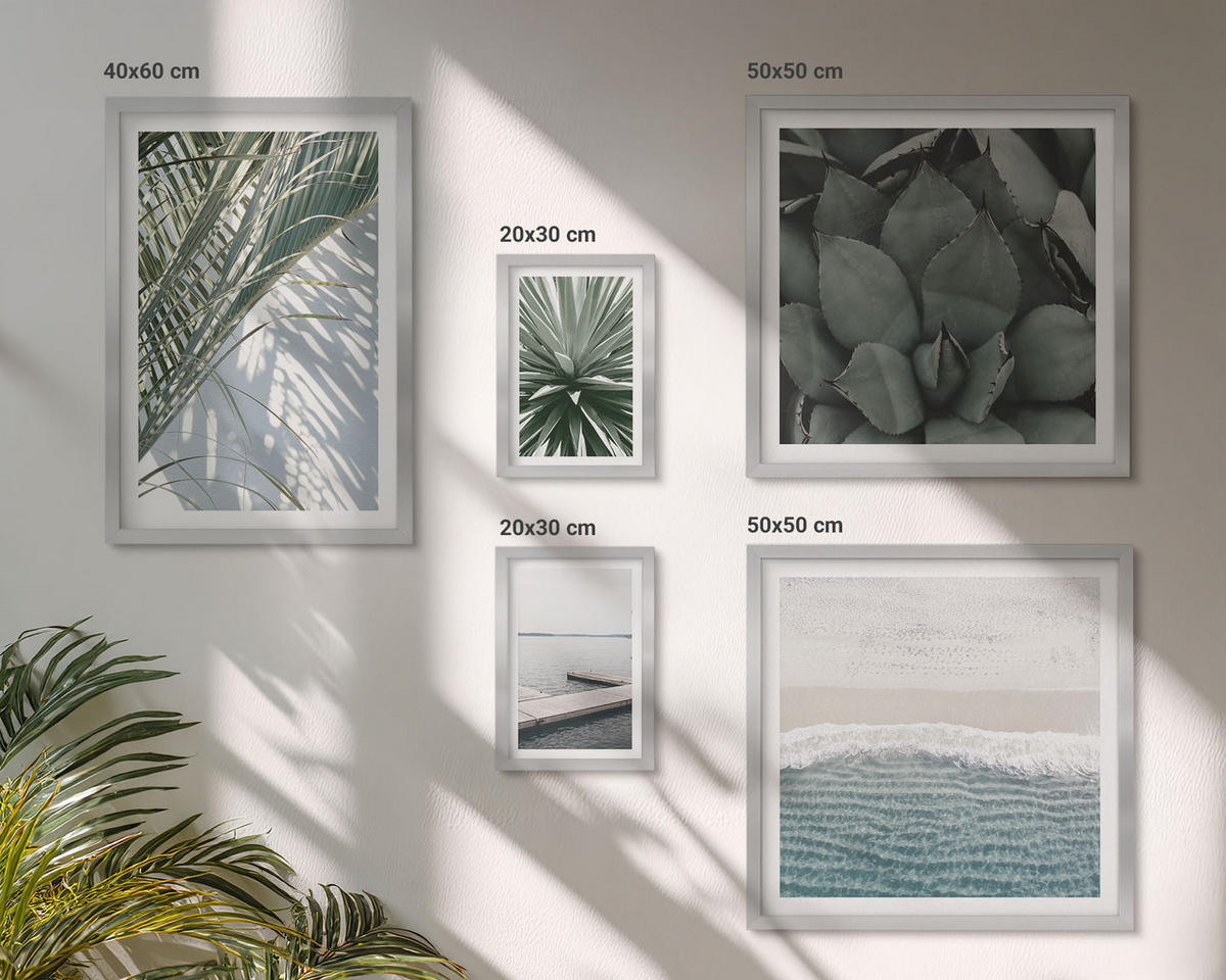 WANDBILDER 5er Set - 50x50 cm & 20x30 cm & 40x60 cm Silberner Rahmen - Hängebrücke aus Palmenblättern - Silberfarben, Kunststoff (40/60cm) - ArtPrintCave