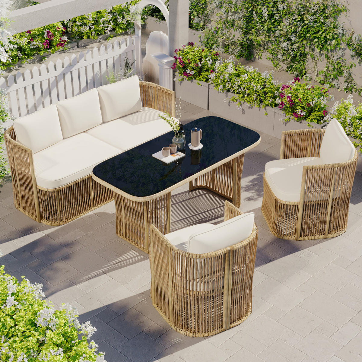 GARTENSET Rattan 4 tlg Sofa Sessel Tisch - Beige, Metall - LEBENLANG
