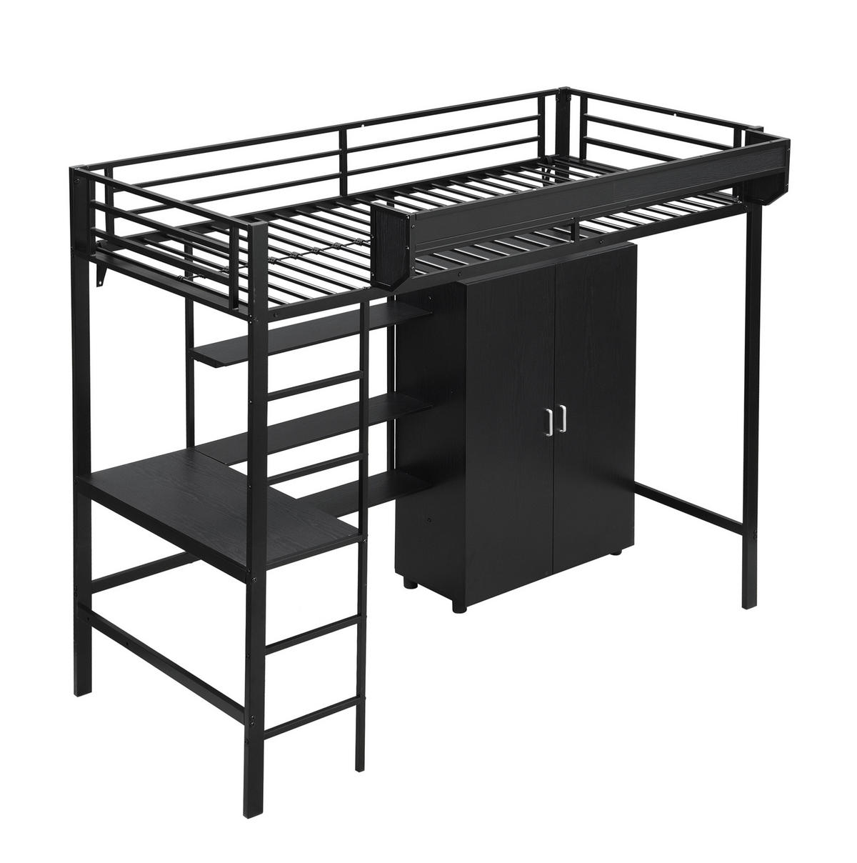 ETAGENBETT aus Metall und Spanplatte 90x200 cm Schwarz mit Tisch, Kleiderschrank und 5-stufiger Leiter - Weiß, Metall (90/200cm) - Modfu