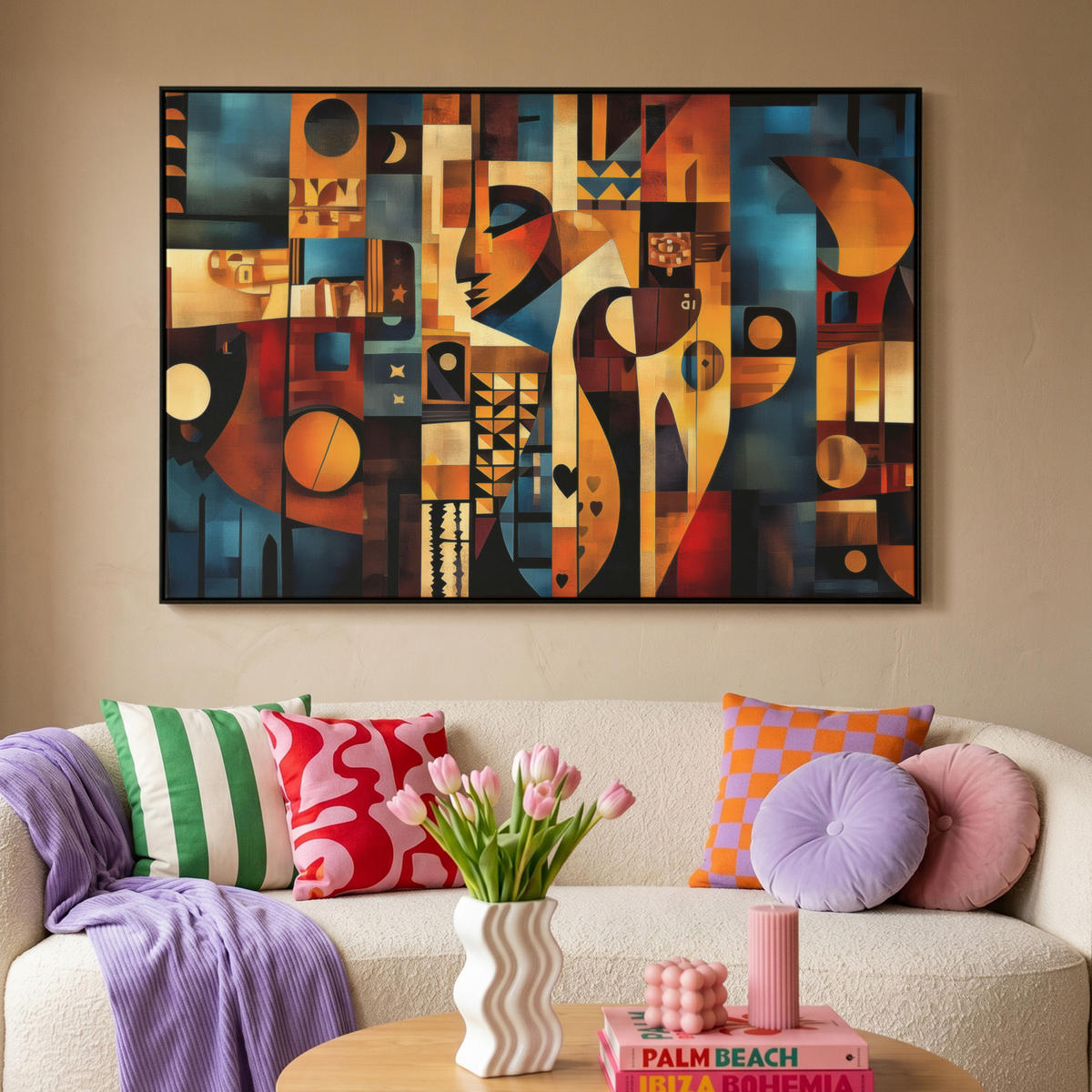 LEINWAND Bilder mit Rahmen - Figuren - Abstrakt - Symbole - 150x100 - Terracotta, Textil (150/100cm) - MuchoWow