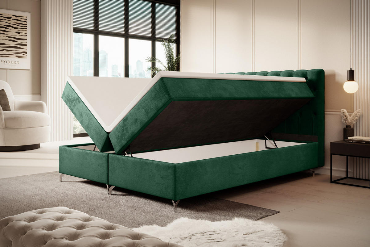 BOXBETT CHESTER 200x200, mit Matratze H3 und Topper, Monolith 37 - Grün, Holz/Textil (200/200cm) - Bedante